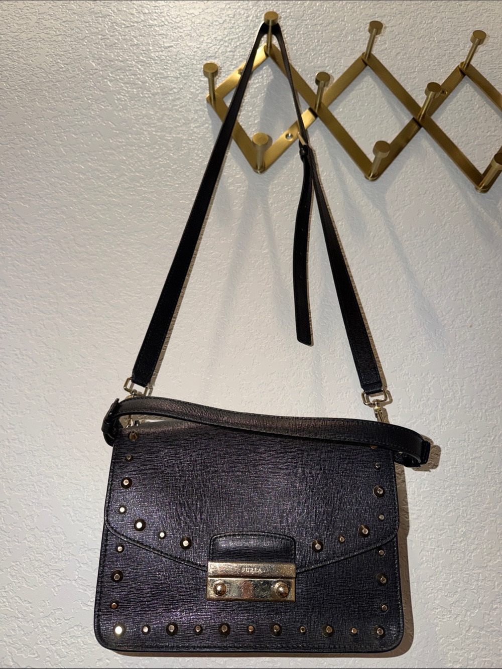 Furla Black Studded Leather Crossbody Bag with Gold Hardware